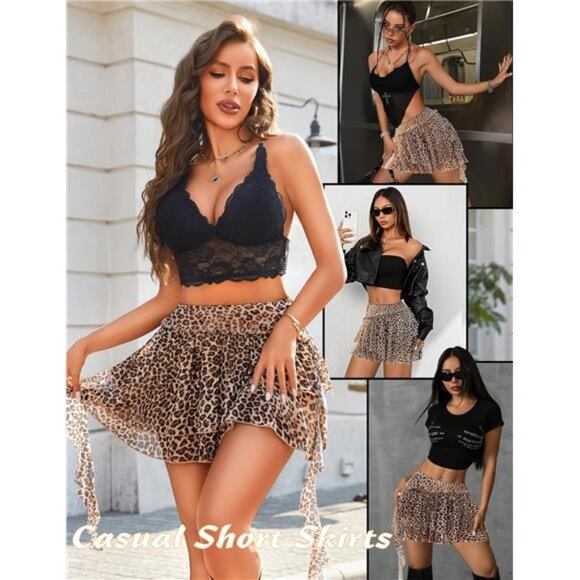 Women's Pleated Mini Skirt Mesh Layered Leopard - Picture 3 of 5